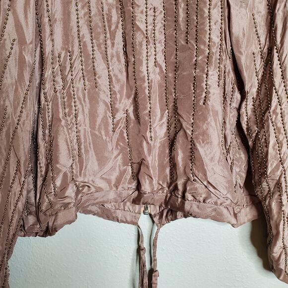 Raasta 100% Silk Beaded Bomber Jacket Size L Blush Pink Studded Bow Going Out - Picture 15 of 15